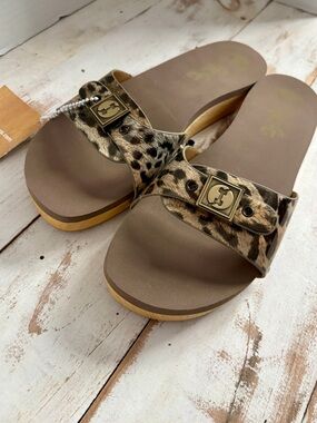 FLOGG Nikita platform slide sandals leopard print leather wooden summer NWT 8.5